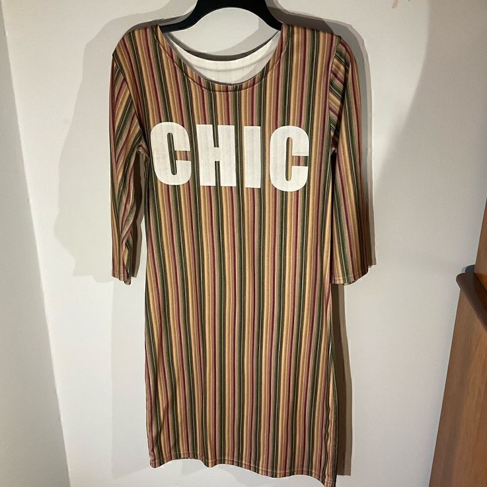 3/4 L Sleeve pull over “CHIC” Dress! Vertical stripes with graphic. Straight cut